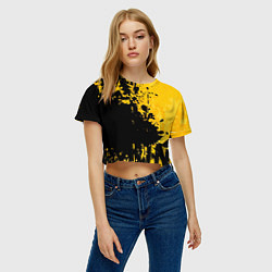 Футболка 3D укороченная женская Пятна черной краски на желтом фоне, цвет: 3D-принт — фото 2