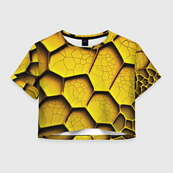 Футболка 3D укороченная женская Желтые шестиугольники с трещинами - объемная текст, цвет: 3D-принт