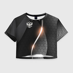 Футболка 3D укороченная женская Герб России на темном фоне, цвет: 3D-принт