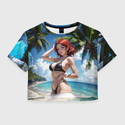 Футболка 3D укороченная женская Девушка с рыжими волосами на пляже, цвет: 3D-принт