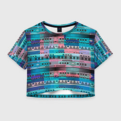 Футболка 3D укороченная женская Голубой с разноцветными вставками этнический орнам, цвет: 3D-принт