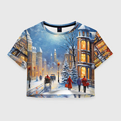 Футболка 3D укороченная женская Новогодний городской пейзаж, цвет: 3D-принт