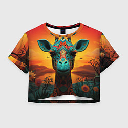 Футболка 3D укороченная женская Жираф в стиле фолк-арт, цвет: 3D-принт