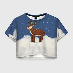 Футболка 3D укороченная женская Олень Рудольф снежной ночью, цвет: 3D-принт