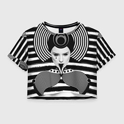 Футболка 3D укороченная женская Черно белый портрет девушки на полосатом, цвет: 3D-принт