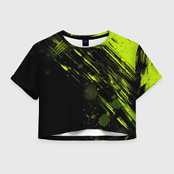 Футболка 3D укороченная женская Зеленая краска на черном фоне, цвет: 3D-принт