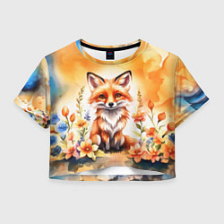 Футболка 3D укороченная женская Рыжая лиса с цветами акварелью, цвет: 3D-принт