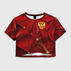 Футболка 3D укороченная женская Золотой герб России на красной абстракции, цвет: 3D-принт