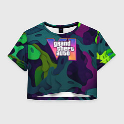 Футболка 3D укороченная женская GTA 6 logo яркий неоновый камуфляжный стиль, цвет: 3D-принт