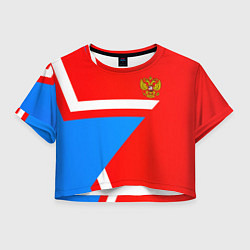 Футболка 3D укороченная женская Герб России звезда спорт, цвет: 3D-принт