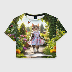 Футболка 3D укороченная женская Кошка в летнем платье в саду, цвет: 3D-принт