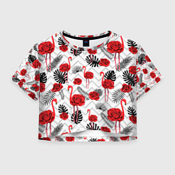 Футболка 3D укороченная женская Фламинго с розой, цвет: 3D-принт