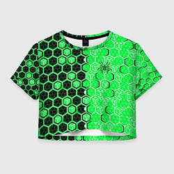 Футболка 3D укороченная женская Техно-киберпанк шестиугольники зелёный и чёрный с, цвет: 3D-принт