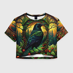 Футболка 3D укороченная женская Скандинавский ворон лесной узор, цвет: 3D-принт