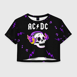 Футболка 3D укороченная женская AC DC неоновый череп, цвет: 3D-принт