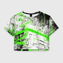 Футболка 3D укороченная женская Бело-зелёная абстракция на чёрном фоне, цвет: 3D-принт