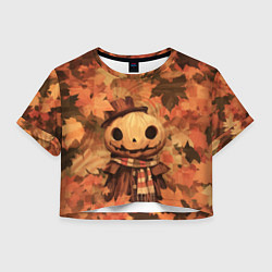 Футболка 3D укороченная женская Тыквенный Джек в осенних листьях, цвет: 3D-принт