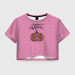 Футболка 3D укороченная женская Хэллоуин - тыква леопардовый узор, цвет: 3D-принт