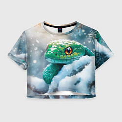 Футболка 3D укороченная женская Зеленая змейка на заснеженной ветке, цвет: 3D-принт