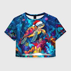 Футболка 3D укороченная женская Морская черепаха в шапке Санты, цвет: 3D-принт