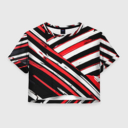 Футболка 3D укороченная женская Красно-белые диагональные полосы на чёрном фоне, цвет: 3D-принт
