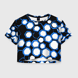 Футболка 3D укороченная женская Бело-синие шестиугольники на чёрном фоне, цвет: 3D-принт