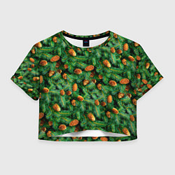 Футболка 3D укороченная женская Ёлка зелёная с шишками, цвет: 3D-принт