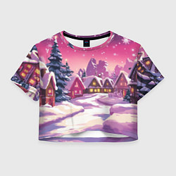 Футболка 3D укороченная женская Новогодние домики и фиолетовый закат, цвет: 3D-принт