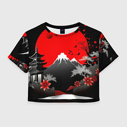 Футболка 3D укороченная женская Японская гора и красная луна, цвет: 3D-принт