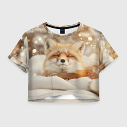 Футболка 3D укороченная женская Сонная лисица зимой, цвет: 3D-принт