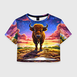 Футболка 3D укороченная женская Буйвол в звездной ночи, цвет: 3D-принт