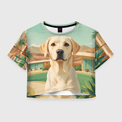 Футболка 3D укороченная женская Лабрадор на фоне пальм, цвет: 3D-принт