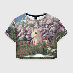 Футболка 3D укороченная женская Единорог на фоне сирени, цвет: 3D-принт
