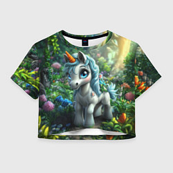 Футболка 3D укороченная женская Единорожка в зеленом лесу, цвет: 3D-принт