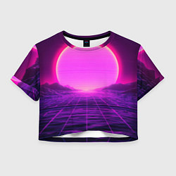 Футболка 3D укороченная женская Синтвейв ретровейв неоновый узор и солнце, цвет: 3D-принт