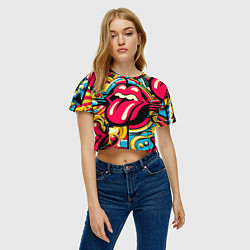 Футболка 3D укороченная женская Rolling Stones logo - pop art pattern, цвет: 3D-принт — фото 2
