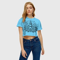 Футболка 3D укороченная женская Маяк с розами и кораблем, цвет: 3D-принт — фото 2