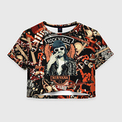 Футболка 3D укороченная женская Nirvana Kurt Cobain на фоне гитар, цвет: 3D-принт