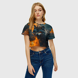 Футболка 3D укороченная женская Злой волк в огне, цвет: 3D-принт — фото 2