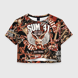 Футболка 3D укороченная женская Sum 41 на фоне кролика и гитар, цвет: 3D-принт