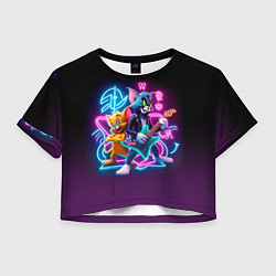 Футболка 3D укороченная женская Гитарист Том и вокалист Джерри - неоновое свечение, цвет: 3D-принт