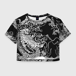 Футболка 3D укороченная женская Белый дракон на черном, цвет: 3D-принт