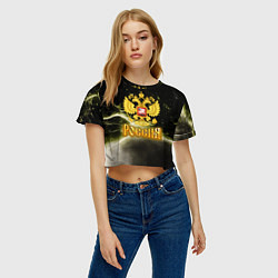 Футболка 3D укороченная женская Россия - герб на черно-зеленом фоне, цвет: 3D-принт — фото 2