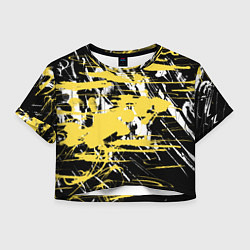 Футболка 3D укороченная женская Желтая краска на черном, цвет: 3D-принт