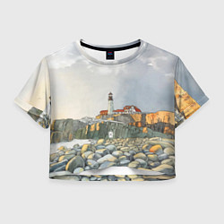 Футболка 3D укороченная женская Маяк и камни на пляже - акварельный рисунок, цвет: 3D-принт