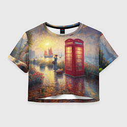 Футболка 3D укороченная женская Женщина у телефонной будки на набережной, цвет: 3D-принт