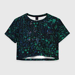 Футболка 3D укороченная женская Чёрный в сине-зелёный цветочек, цвет: 3D-принт