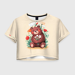 Футболка 3D укороченная женская Мишаня с букетом, цвет: 3D-принт