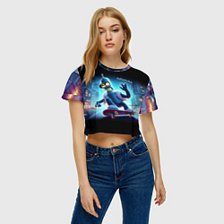 Футболка 3D укороченная женская Bender is a skateboarder in neon street - ai art, цвет: 3D-принт — фото 2