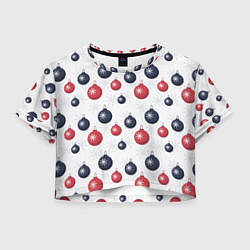 Футболка 3D укороченная женская Синие и красные новогодние шары со снежинками, цвет: 3D-принт